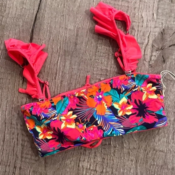 Maaji Red floral Reversible Bandeau With Removable Straps Bikini Top Size Medium - Picture 1 of 14